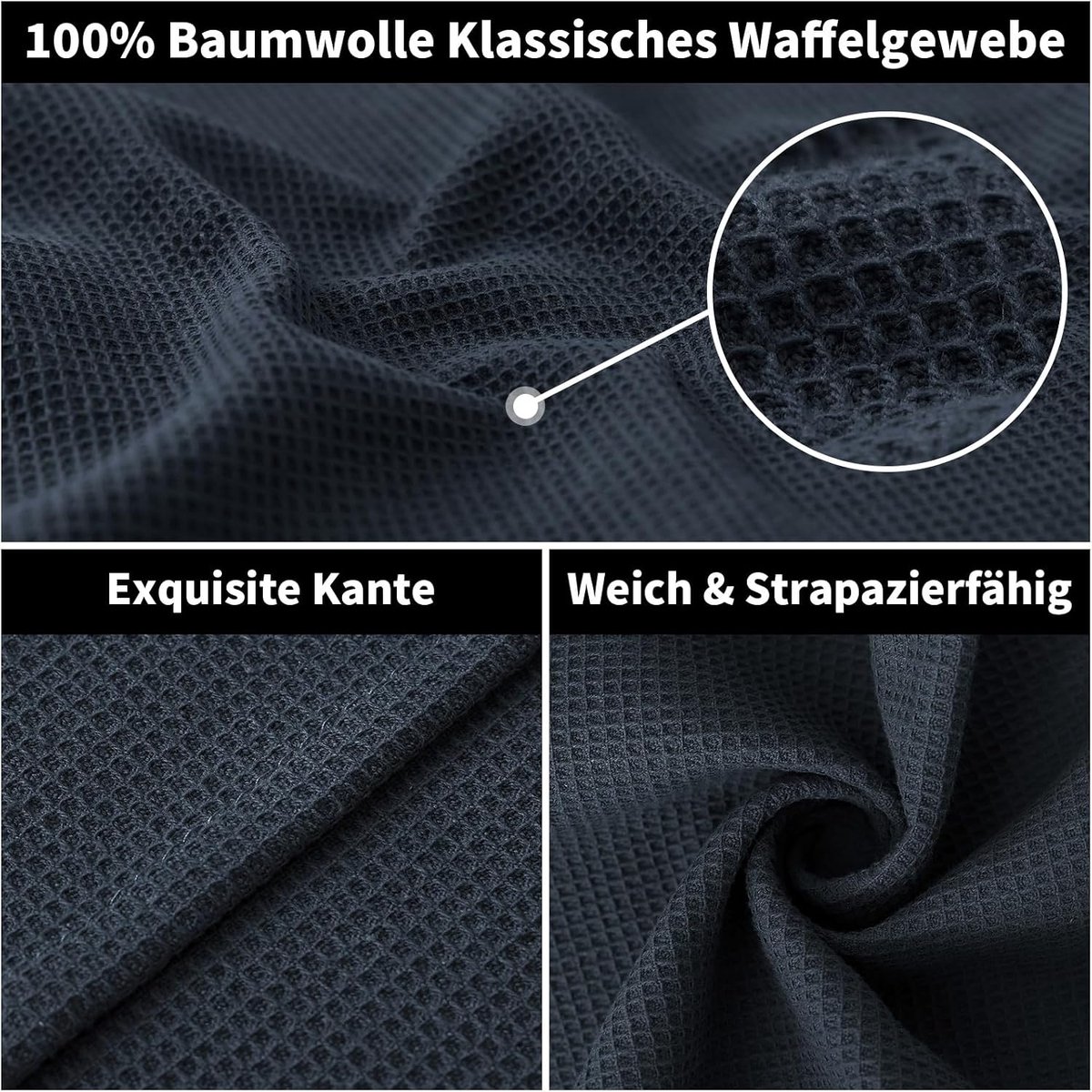set van 4 theedoeken van katoen, super absorberend wafelpatroon, poetsdoeken, sneldrogend, keukendoeken, premium afwasdoeken met ophanglus, 41 x 64 cm, donkergrijs