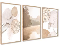 ag.art deco Set van 3 Poster 50x70cm Zonder Lijst Wanddecoratie | Bruin-Beige Abstractie, Stevige MDF Lijst, voor Woonkamer en Slaapkamer, Modern Design, Beschermend Glas, Stevige Lijst, Gang