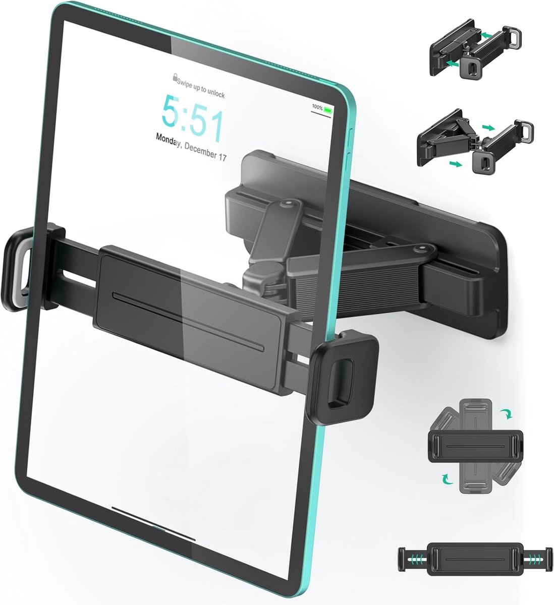 tablet wandhouder, 360° draaibaar/kantelbaar, 2 montageopties (kleven of boren), schroevenset inbegrepen, verstelbare arm, voor 4.7"–12.9" iPad/Kindle/telefoons(Zwart)
