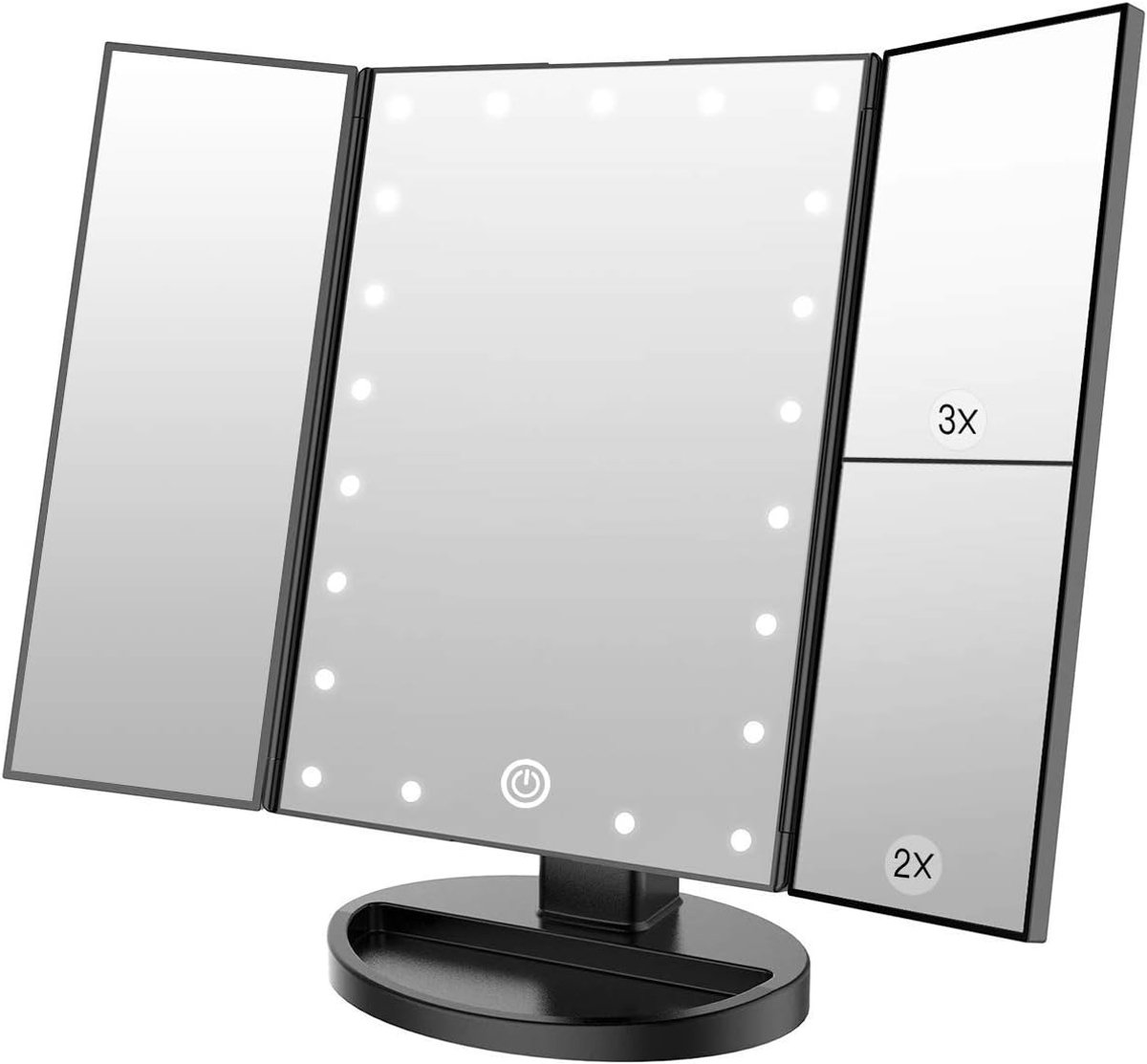 Verlichte Makeup Spiegel, 1 x / 2 x / 3 x vergroting, driedelige spiegel met 21 led-lampen, touchscreen-schakelaar, tafelspiegel met batterij en USB verkrijgbaar (zwart)