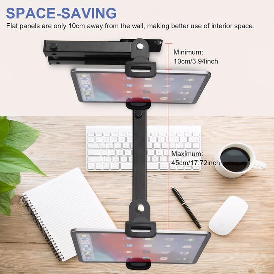 Tablethouder voor aan de muur, draaibaar, tabletwandhouder, mobiele telefoonhouder, instelbaar, opvouwbaar, voor apparaten van 4 tot 13 inch, compatibel met Switch, Kindle, iPhone, iPad — afbeelding 4