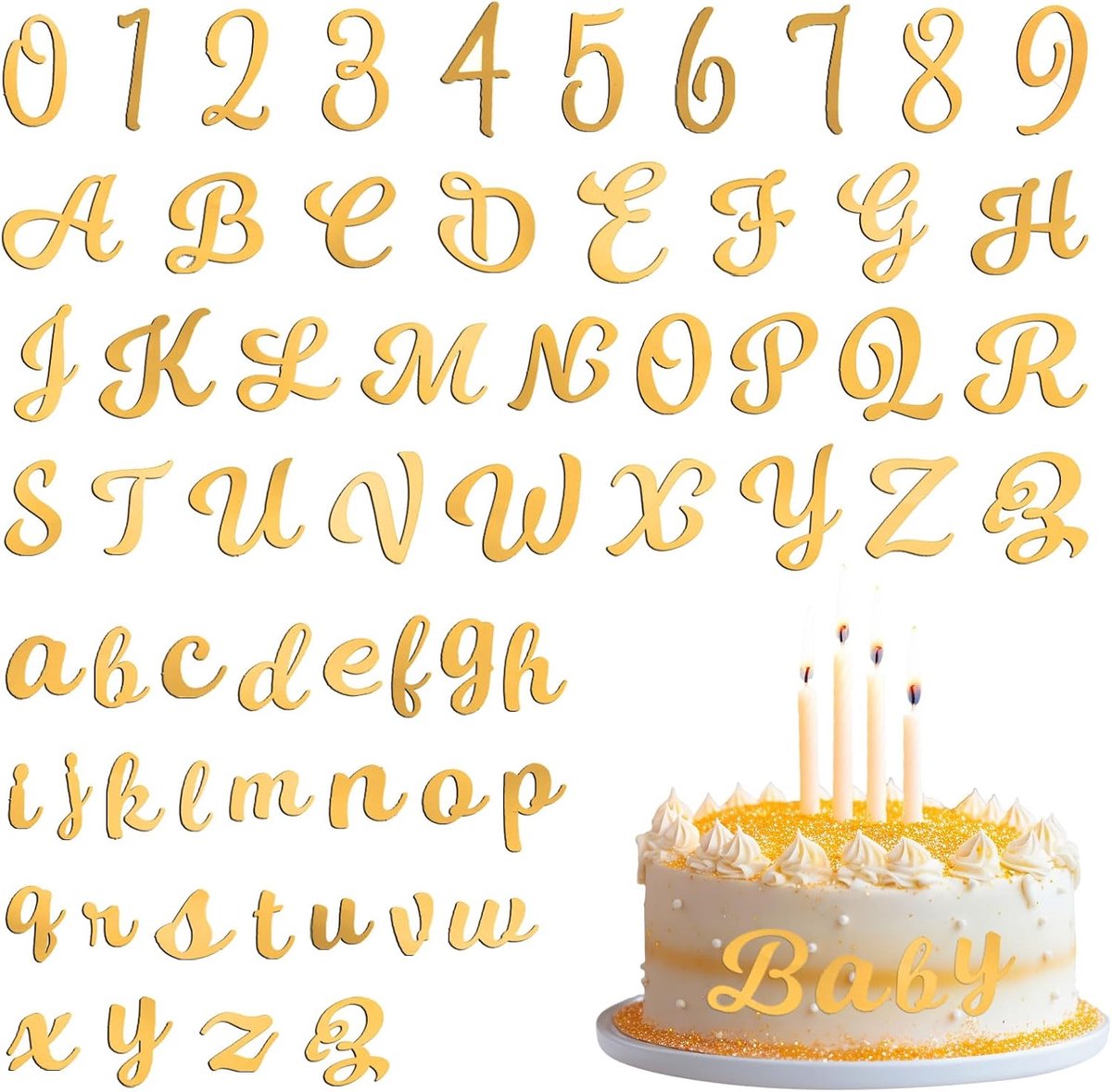 64 stuks letters voor taart, taartdecoratie, goud, taarttopper, gepersonaliseerde taartdecoratie, naam A-Z, alfabet, doe-het-zelf set voor verjaardag, babyshower, jubilea, bruiloft (goud)