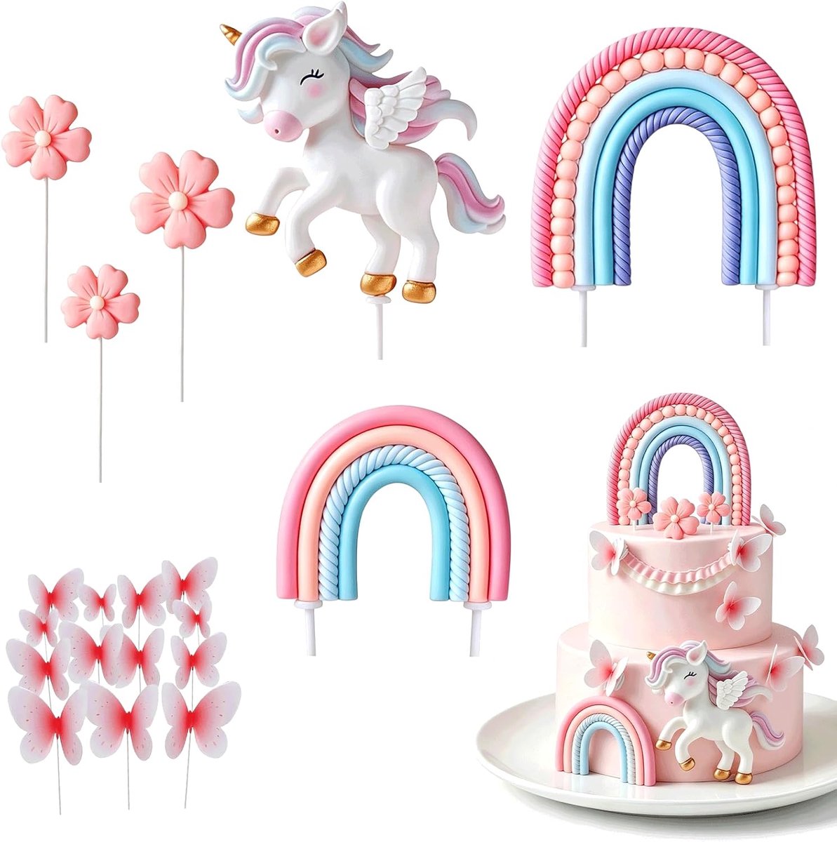 eenhoorn taarttoppers, 18 stuks roze regenboog vlinder bloem taarttoppers, herbruikbare eenhoorn feestartikelen voor verjaardag kerstfeest thema douche taart decoratie