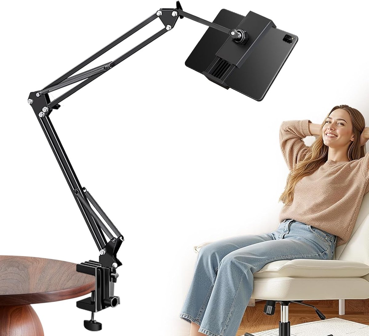 tablethouder voor bed, 360° draaibare telefoonhouder, verstelbare klemhouder, universele houder voor tablets en telefoons van 4-13 inch, hoofdbord bureauhouder