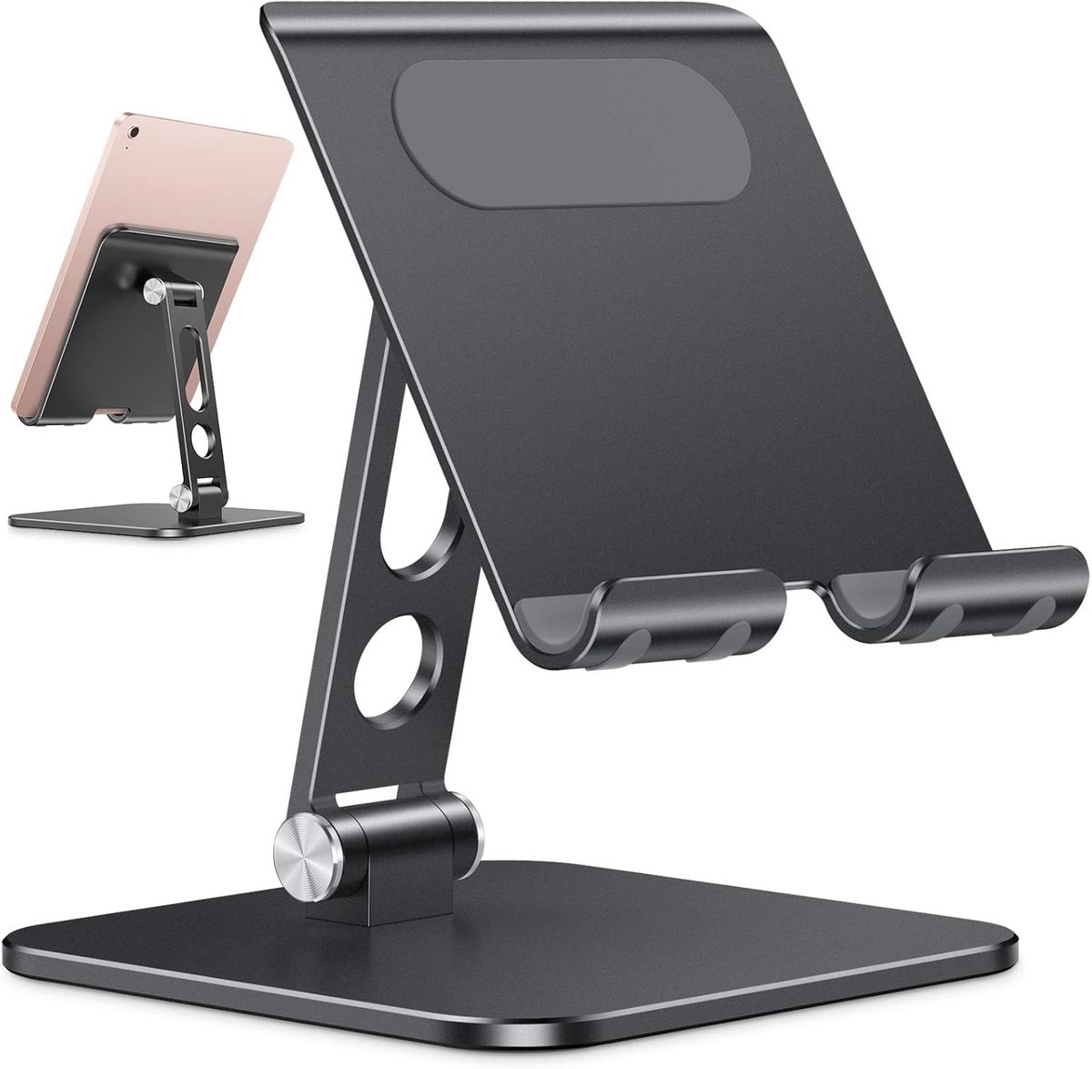 verstelbare tablethouder, OMOTON zware basis opvouwbare standaard van aluminium, robuust dockgat ontwerp voor iPad Mini Pro Air en telefoons, voor oproepen (3,5-13 inch), zwart