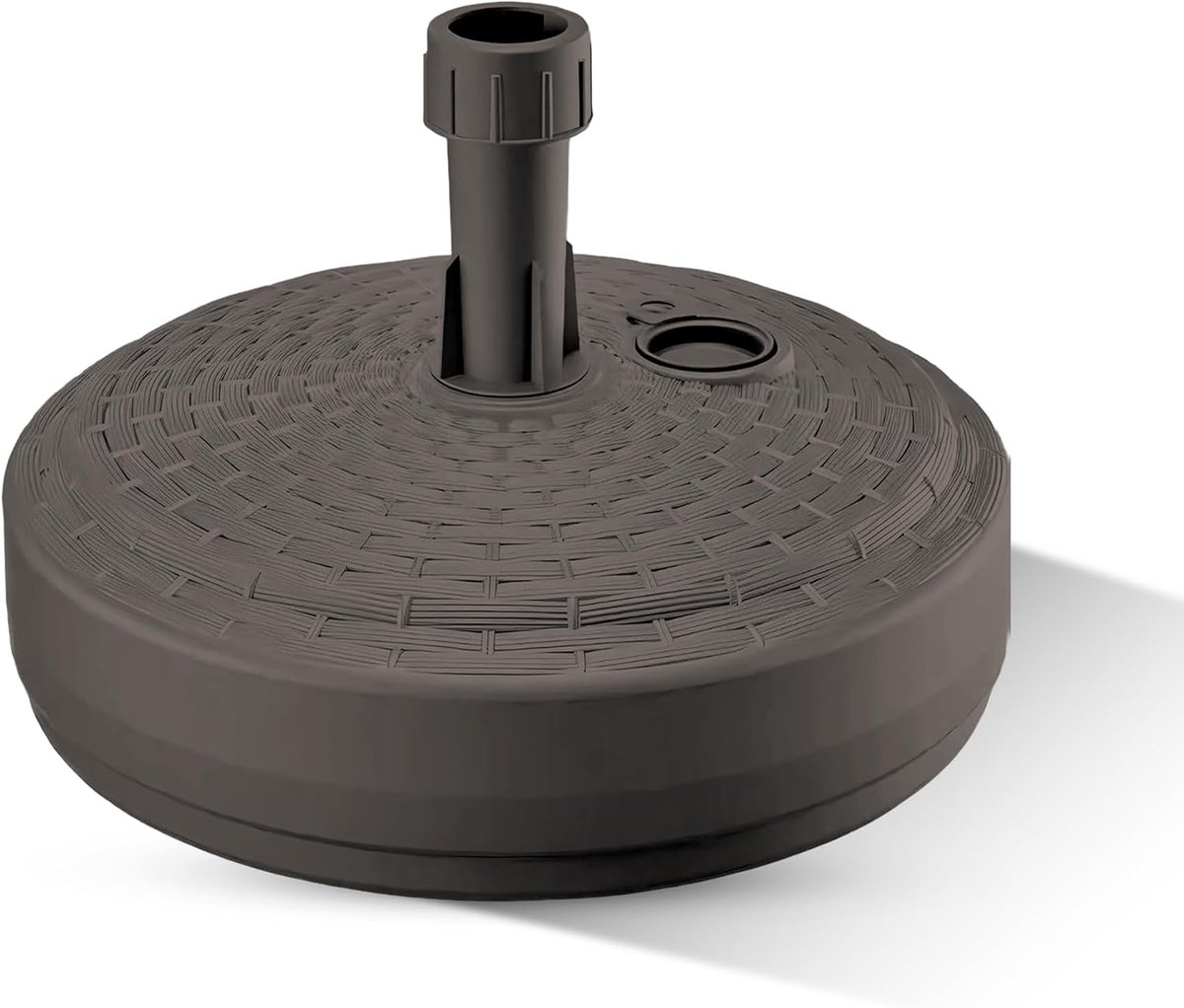 Parasolstandaard, rond, bruin, rotanlook, van kunststof, vulbaar met zand, water, grind voor tuin, strand, terras, parasol, parapluhouder, paraplustandaard, parasolstandaard, standaard