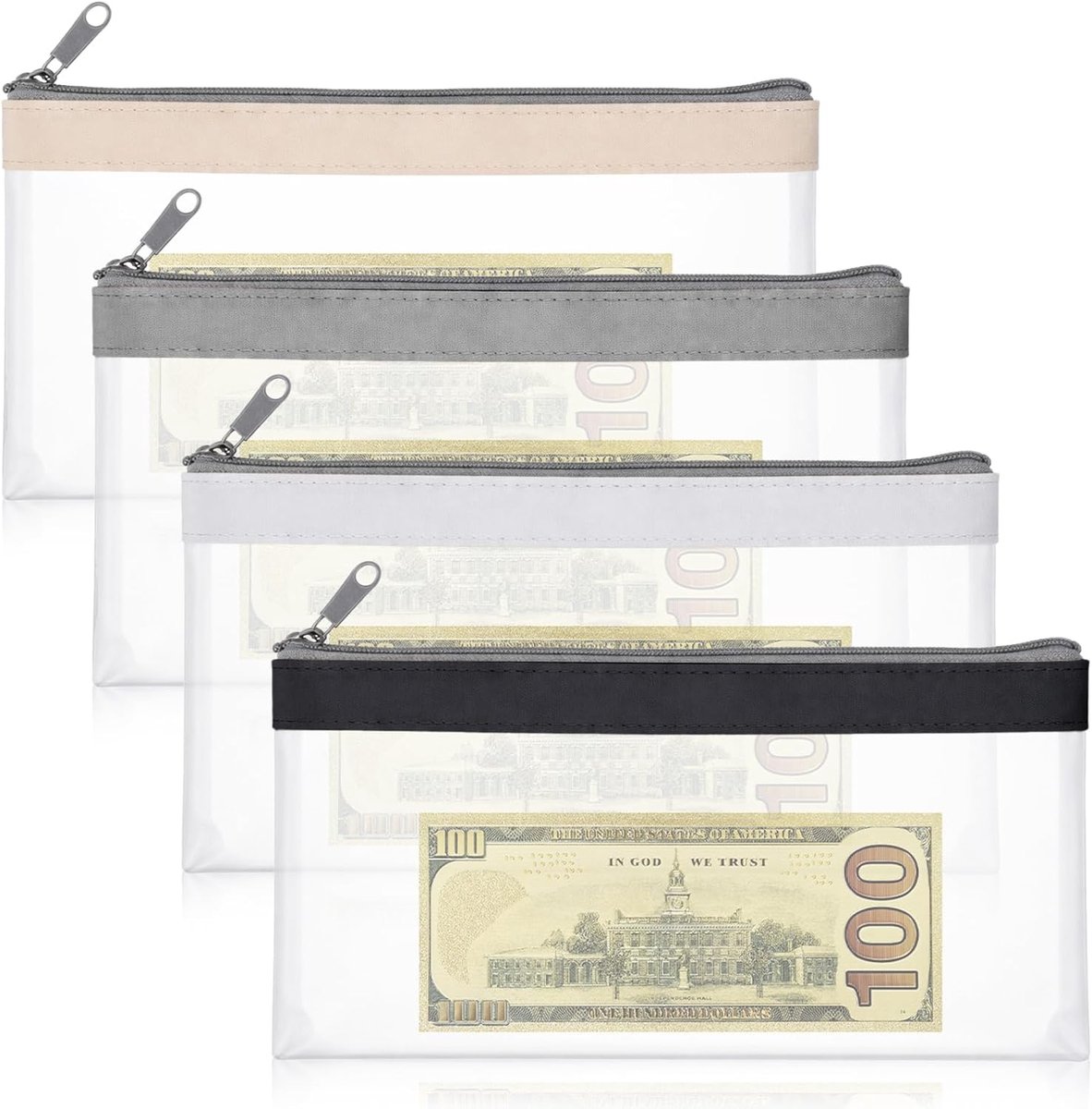 4-delige multifunctionele portemonneeset, 21,5 x 10,5 cm, klein vak met ritssluiting, opbergzak voor contant geld, kantoor- en reisbenodigdheden (zwart, wit, grijs, crèmewit)