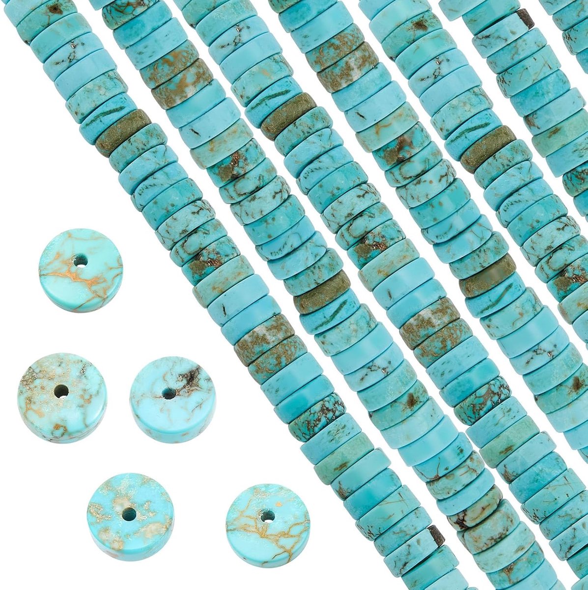 1 Doos 122Pcs Edelsteen Heishi Kralen Natuurlijke Howliet Kraal Platte Ronde Kralen 8mm Kralen Disc Steen Losse Spacer Kralen voor Sieraden Maken Kralen Kit Turquoise Kleur Armband Ketting