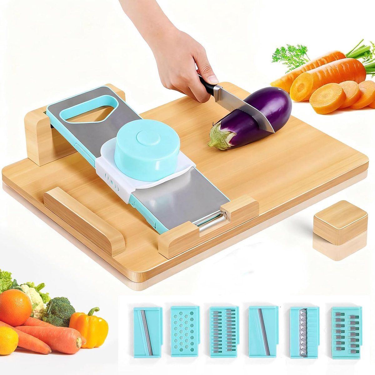 6-in-1 snijplank met één hand, antislip, met broodstoppers en spikes, eenhandige planken, bamboe, voor geamputeerden en gehandicapten, moeiteloos met één hand hakken
