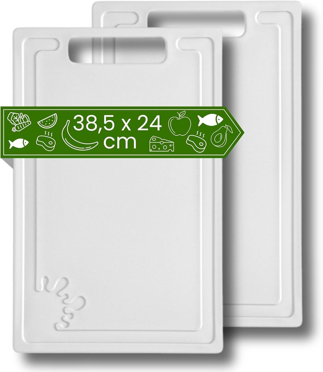 kunststof (set van 2 - 38,5 x 24 cm groot - wit) - vaatwasmachinebestendig - snijplanken antislip - keukenplank met anti-slip - snijplank met sapgoot