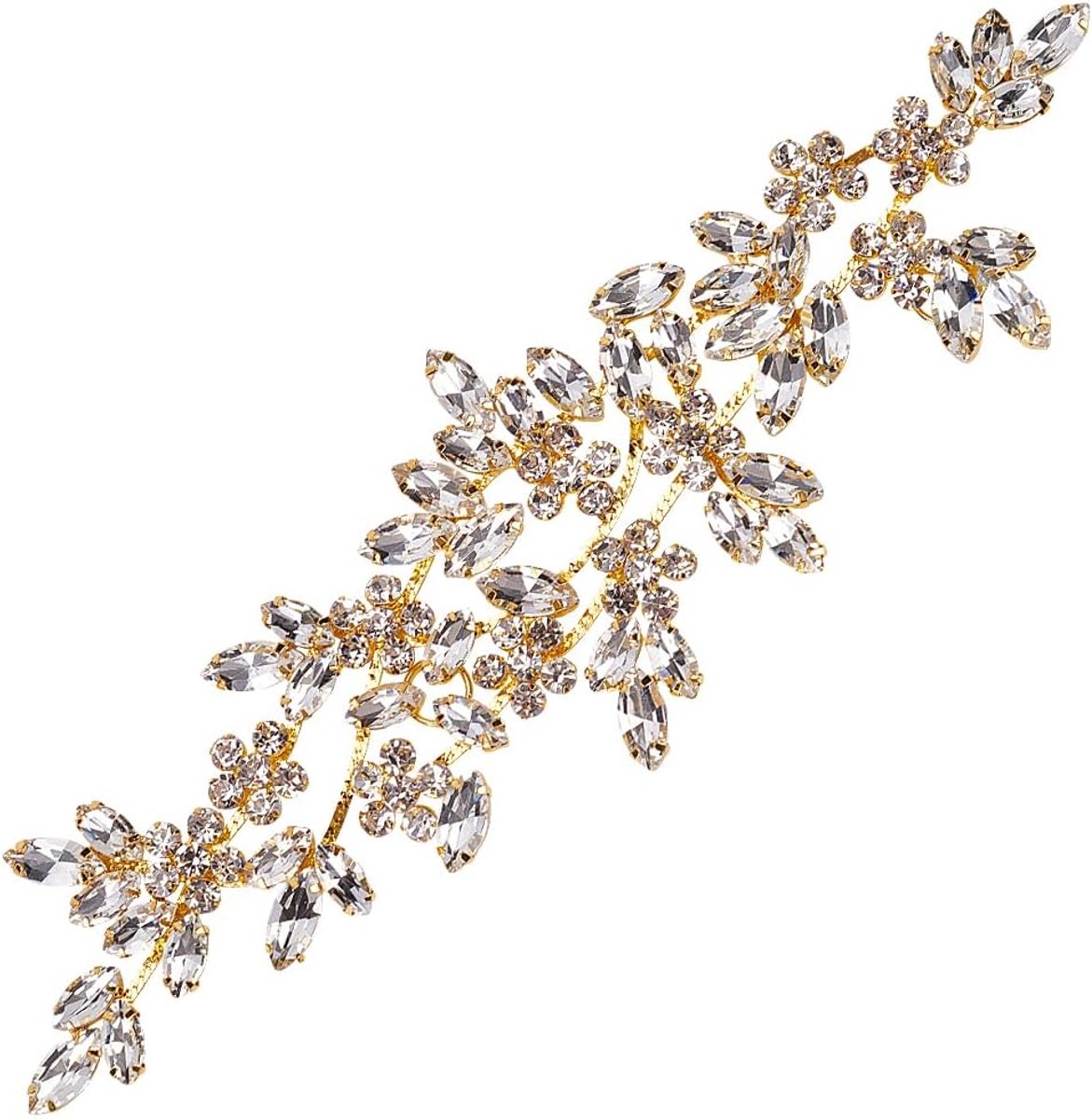 Gouden Strass Applique 220x65x6mm Kristal Kleur Crystal voor Bruiloft Craft Rhinestone Bloem Bladeren Trouwjurk Bruidsdecor