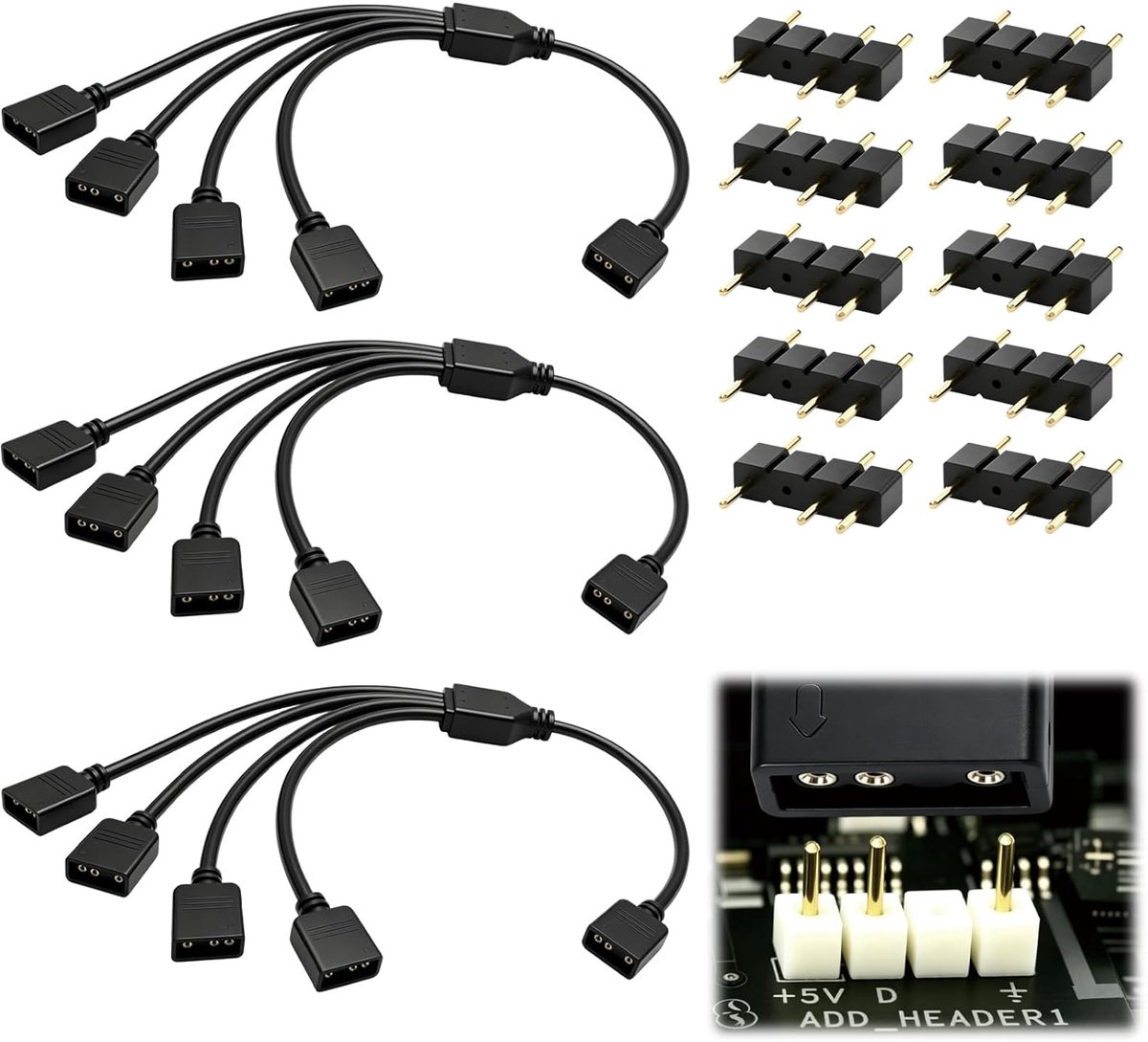 3 stuks 5 V 3-polige splitterkabel, splitter, ARGB splitterkabel, 5 V, 3 pins, 1 naar 4 RGB-verdeler, 30 cm, verlengkabel voor moederbord, ventilator, CPU, koeler, synchronisatie, verlichting
