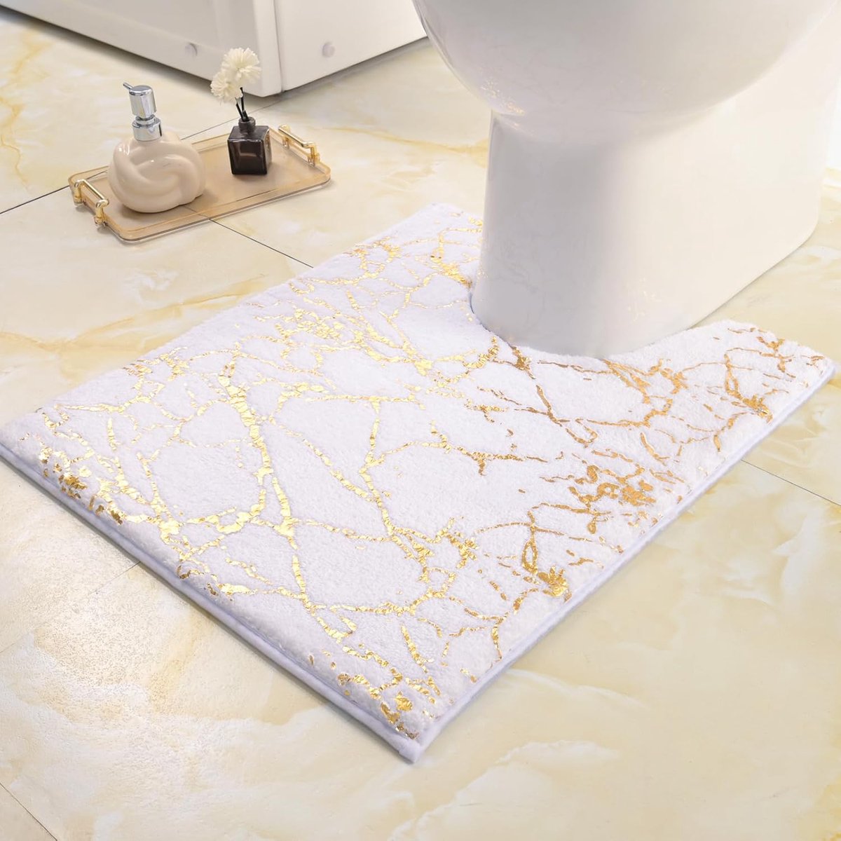 Badmat, antislip, wasbaar, wc-mat met uitsparing, wit, goudkleurig, decoratief, zachte microvezel, absorberend, 50 x 60 cm