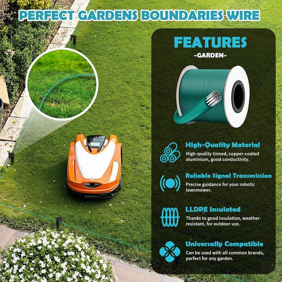 Begrenzingskabel voor Robotmaaier, Begrenzingsdraad Robotmaaier 100m - 50 Grondpennen + 15 Kabelconnectoren + 15 Klemme, Compatibel met Husqvarna Automower Gardena Worx Yard Force, Ø 2,7 mm — afbeelding 2
