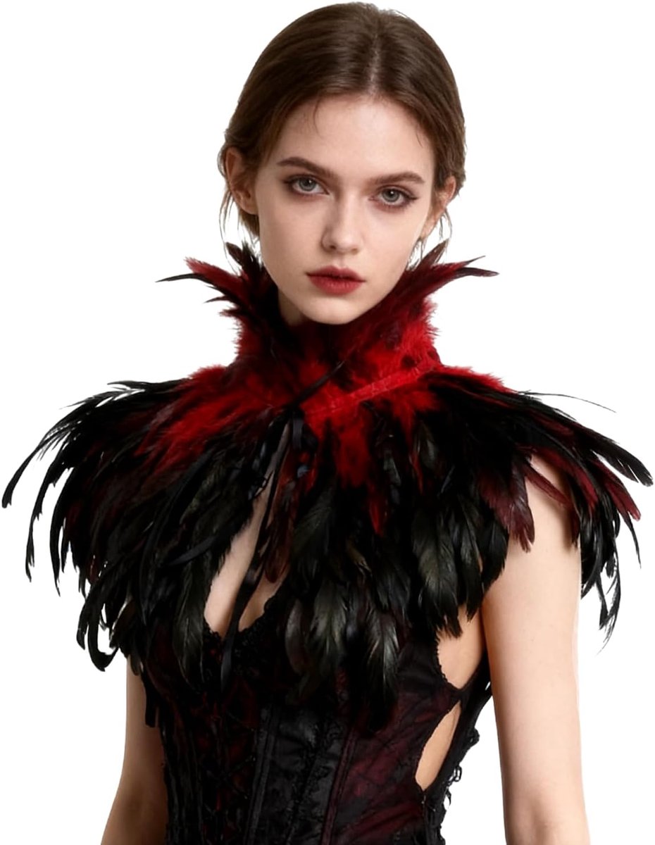 keland Zwarte Gothic Victoriaanse natuurlijke veer-kap-sjaal stola poncho met kraag