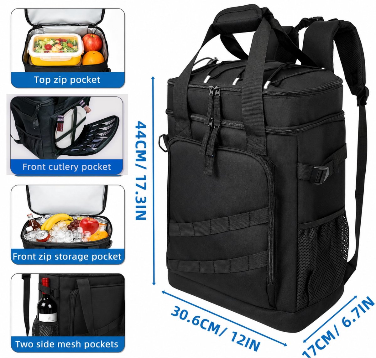 SnelShoppen - Koelrugzak 40 liter met flesopener, lichtgewicht zwarte rugzak voor strand, reizen, kamperen en lunch