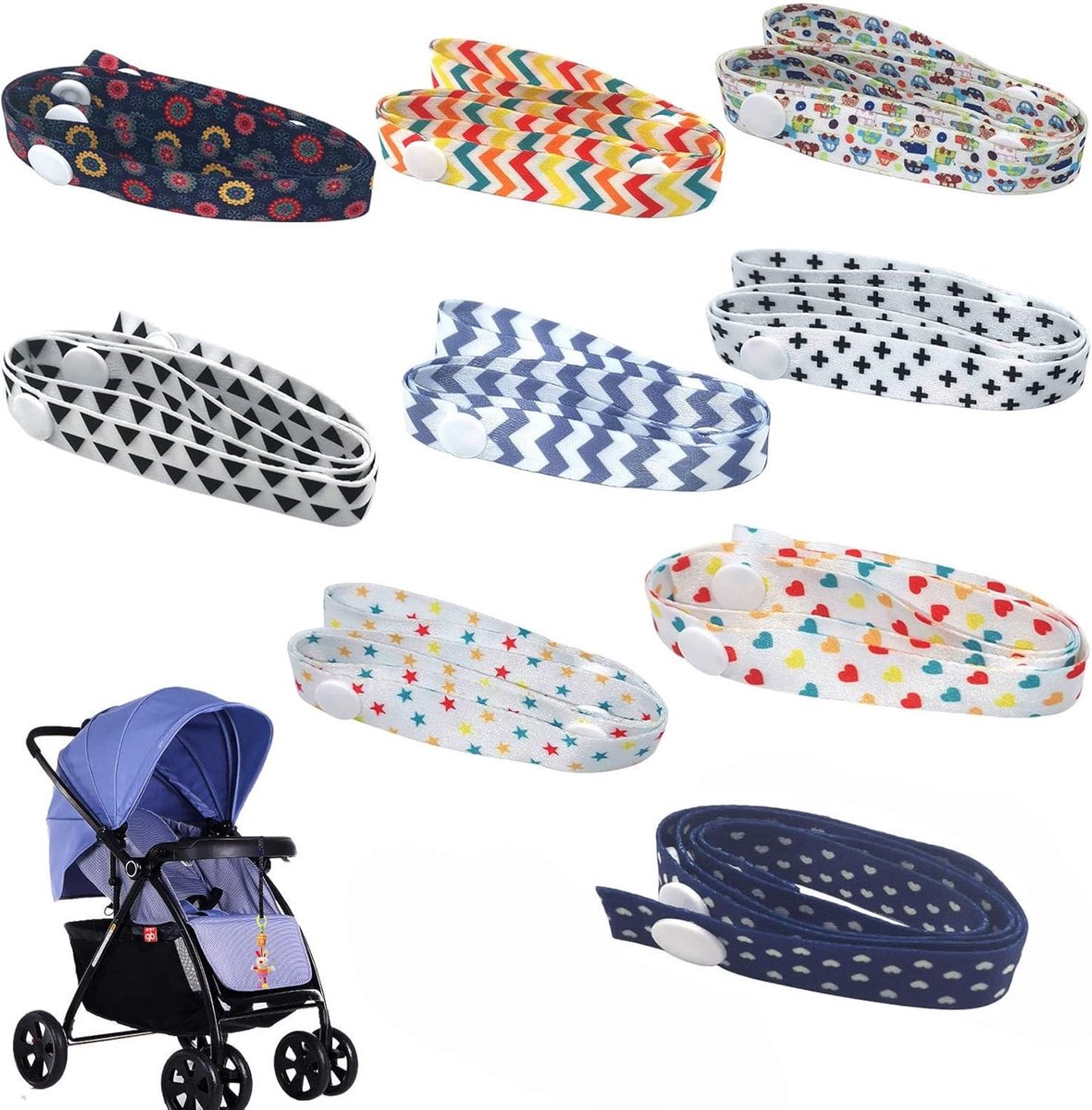 Verstelbare Anti-Drop Kinderwagen Accessoires met Diverse Patronen - 9 Stuks Speelgoedriemen voor Kinderwagens en Wagens (60 cm)
