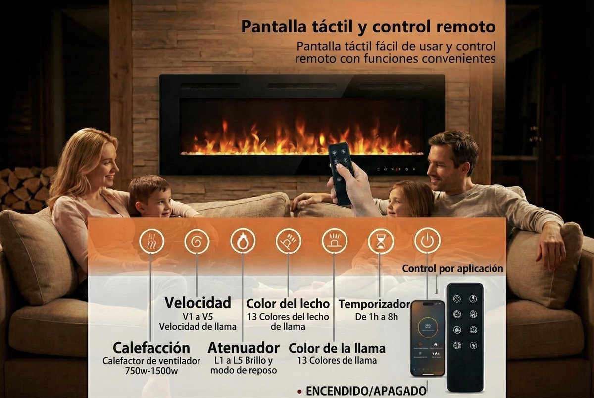 SnelShoppen - Draadloze Elektrische Open Haard 183 cm Ultradun 7,5 cm Diep Gehard Glas met Afstandsbediening en Touchscreen Ventilatorkachel 750/1500