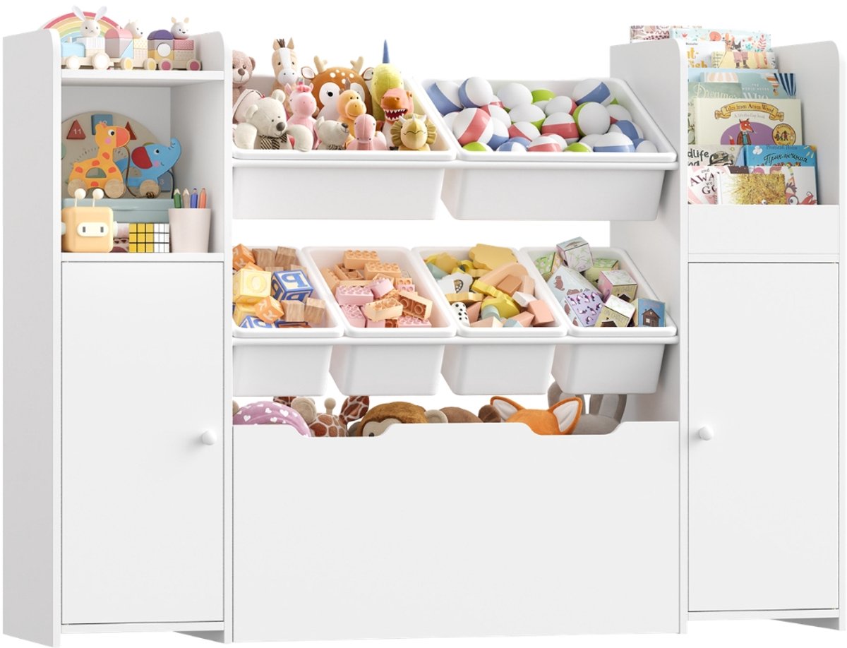 Getone Kids Toy Storage – Voor Kinderkamer en Speelruimte – 3-laags Opbergkast met 6 Verwijderbare Boxen, Deuren en Lade – MDF, Met Wielen