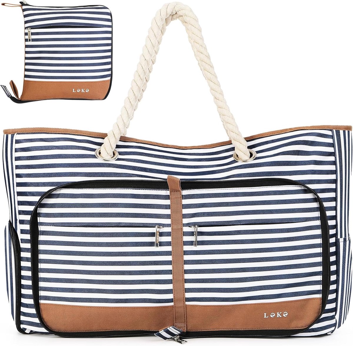 SnelShoppen - Veelzijdige Dames Shopper Strandtas Groot met Ritssluiting Badtas XXL en Reistas Tote Bag Blauw Gestreept, Perfect voor Vakantie, Strand