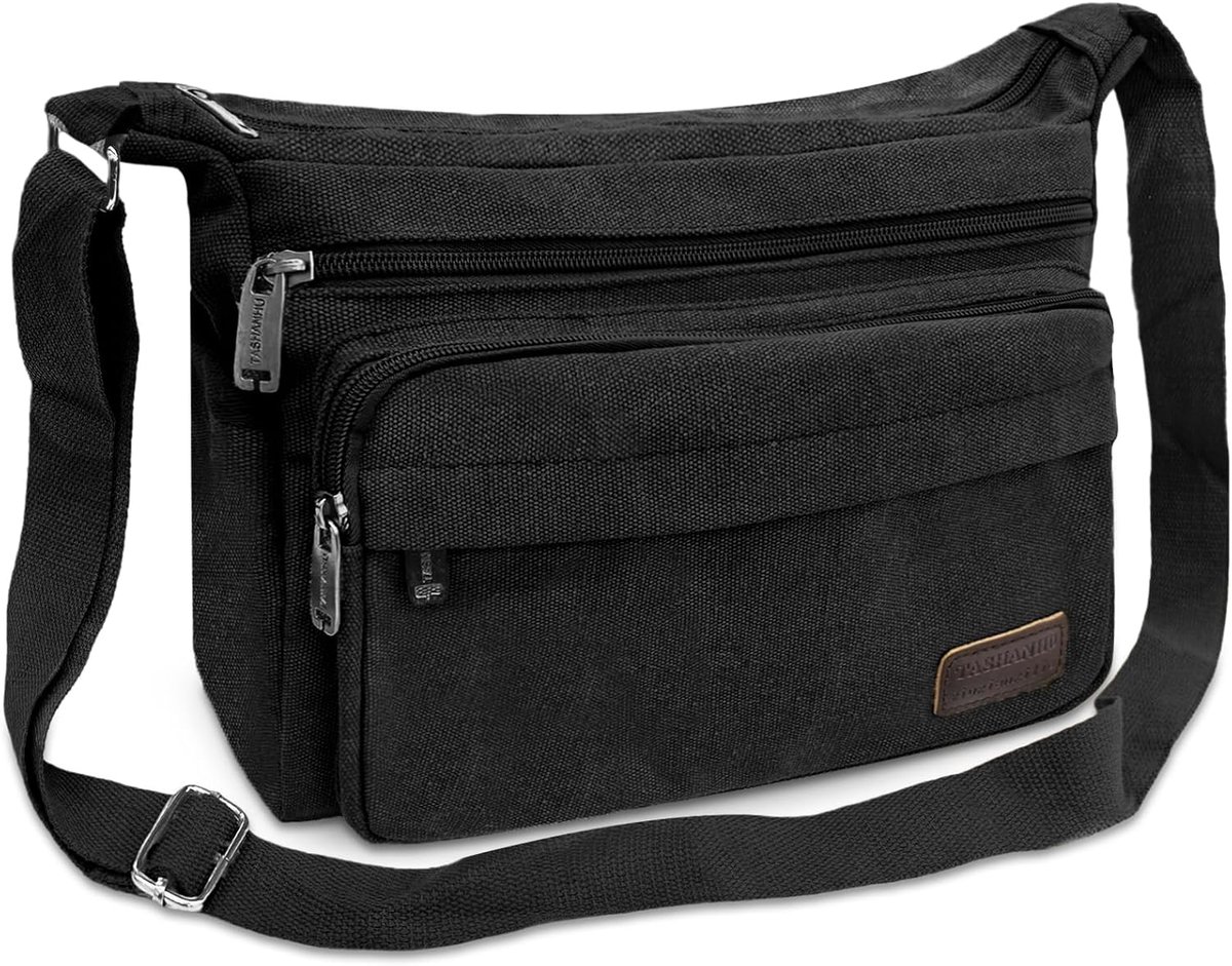 SnelShoppen - Waterdichte schoudertas voor heren, multifunctionele canvas messenger bag, crossbody tas, werktas voor school, reizen, werk, 15 inch, zw