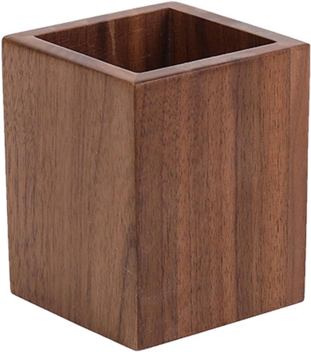 Pennenhouder houten 8x8x11cm - vierkant - veelzijdig - perfect voor bureau en make-up - SnelShoppen
