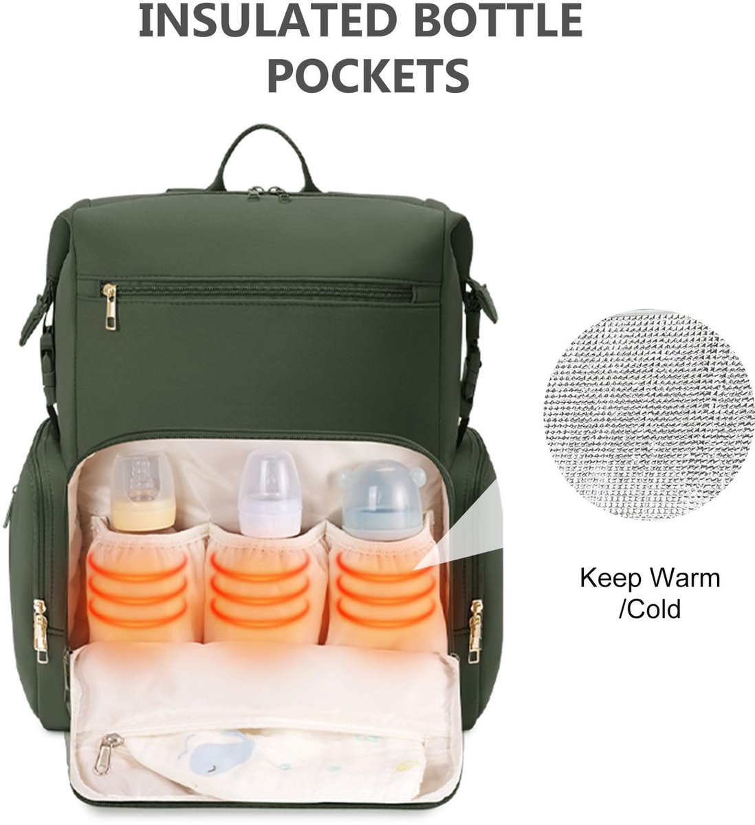 SnelShoppen - Luiertas/Rugzak met Aankleedonderlegger, Grote Luiertas voor Onderweg, Mommy Bag met Geïsoleerde Flessenzak, Waterdicht Neopreen, Legerg