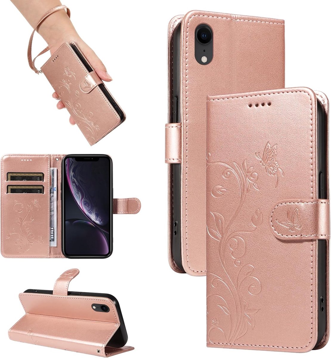 Hoesje voor iPhone XR, Roségoud | Premium PU-leer Magnetische Hoesjes, Klapdeksel Hoesje, Beschermhoes met Kaart Houder en Standfunctie, Portemonneehoes