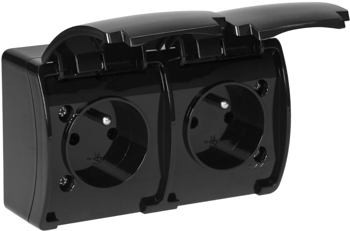 Stopcontact 2x2P+Z IP44 Type E Frans - Opbouw Stopcontact - Waterdichte Stekkerdoos voor Buiten Gebruik (Zwart)