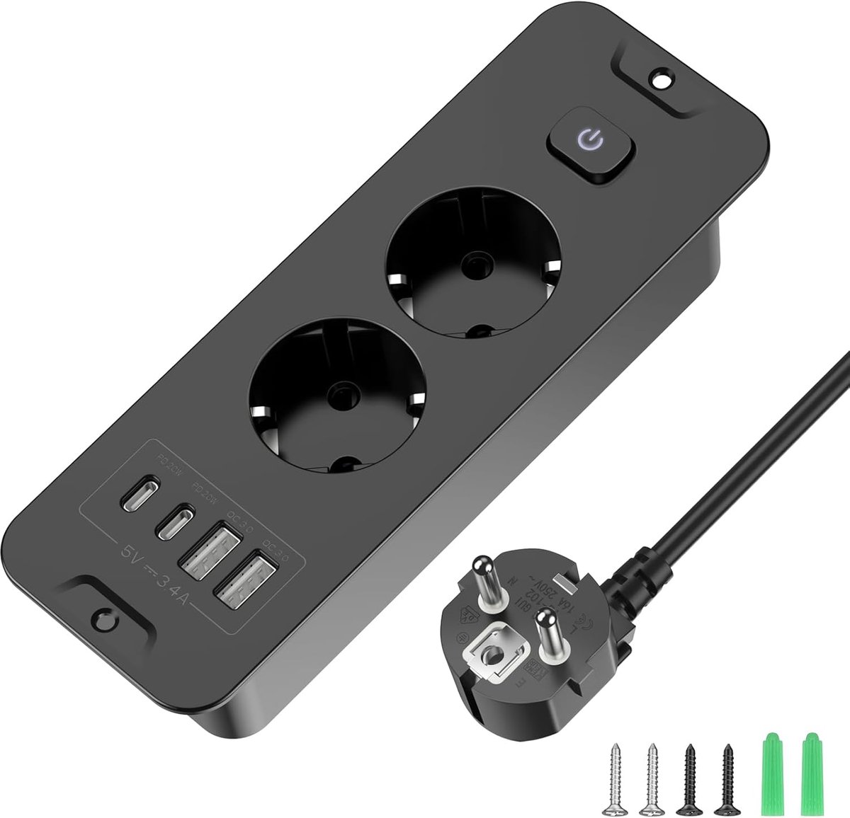 stopcontact 2-voudig, inbouwstekkerdoos met usb c, tafelstopcontact met schakelaar, meervoudig stopcontact voor vergadertafel, werkblad, banktafel, 2 m kabel, wit