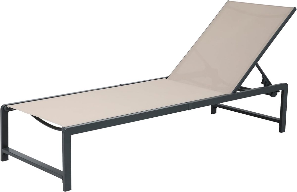 Zane Ligbed in Grijs/Bruin | Lounger met metalen frame verstelbaar in 5 standen | Zonnebed voor buiten/tuin