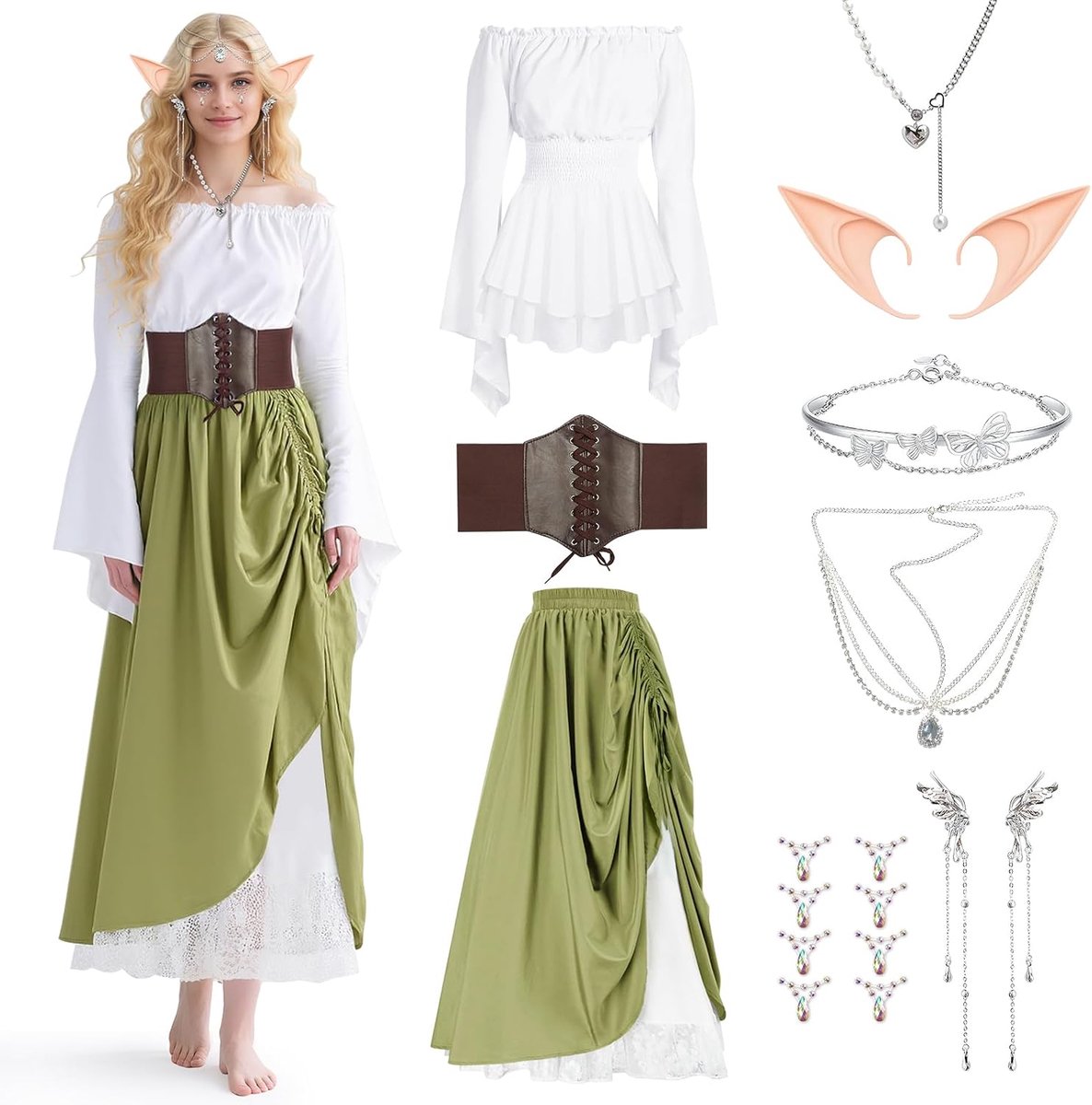 jurk voor dames, renaissance-jurk met elfenoorkraag, riem, gothic-kleding, vintage, carnaval, Halloween, cosplay, retro met schouders, prinsessenfeest