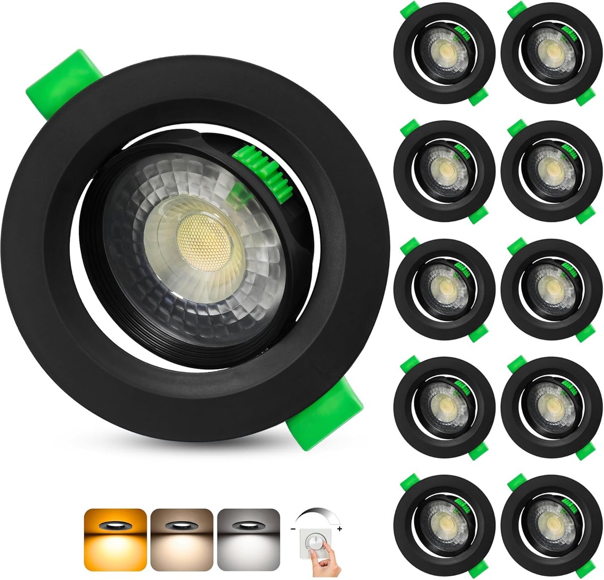 Inbouwspot Dimbaar 230V, 5W 500LM LED Spots 45° Draaibaar Warmwit Neutraal Wit Koudwit, IP44 Plafondspots Ultraplatte Voor Badkamer Woonkamer, Plafondlamp Gatmaat 68-80mm, Zwart Set Van 10