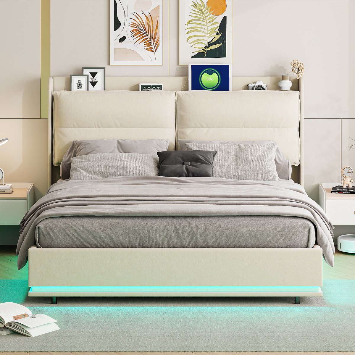 ROSAHQNDA Volwassen bed tweepersoonsbed 140x200 cm, opbergbed met gasveer en led verlichting, fluwelen bedframe beige, zonder matras