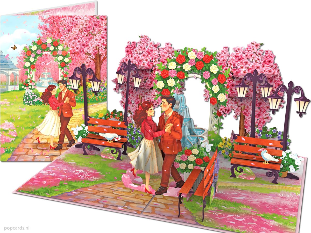 Popcards Pop-up Kaart - Valentijnskaart Romantisch Dansend Liefdeskoppel in Bloemrijk Park  3D-kaart Wenskaart (Verliefd, verloofd, Liefde, Jubileum, Trouwkaart, Verloving)