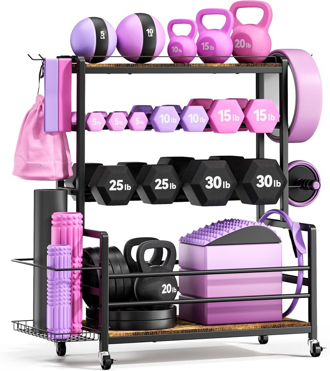 SnelShoppen - Halter- en kettlebell-rek met 3 verdiepingen, medicijnbalhouder, 272 kg stalen organizer voor sportschool, fitness, krachttraining, zwar