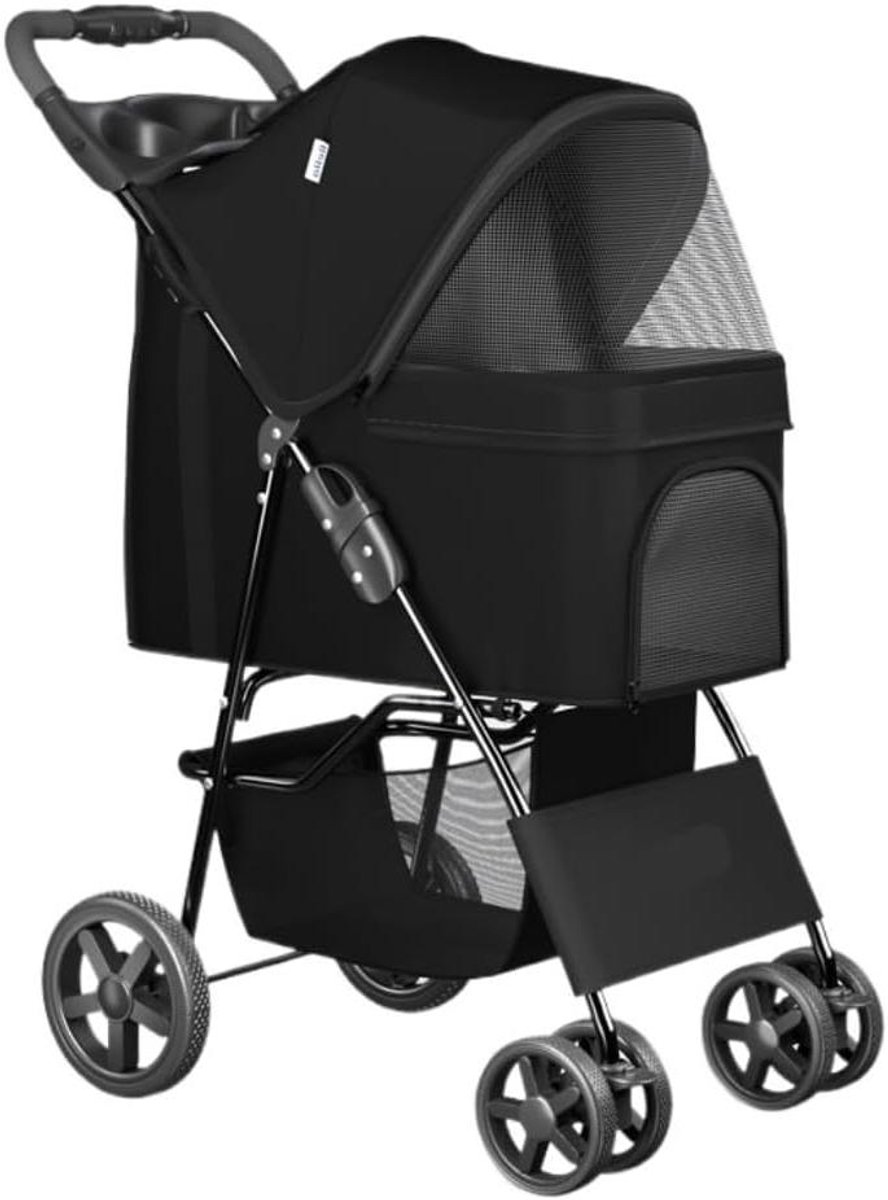 Huisdierenbuggy Opvouwbaar - Reisbuggy Kat Hond - Comfortabel Vervoer - 360° Voorwiel Wendbaar - Draagvermogen 15kg - Zwart
