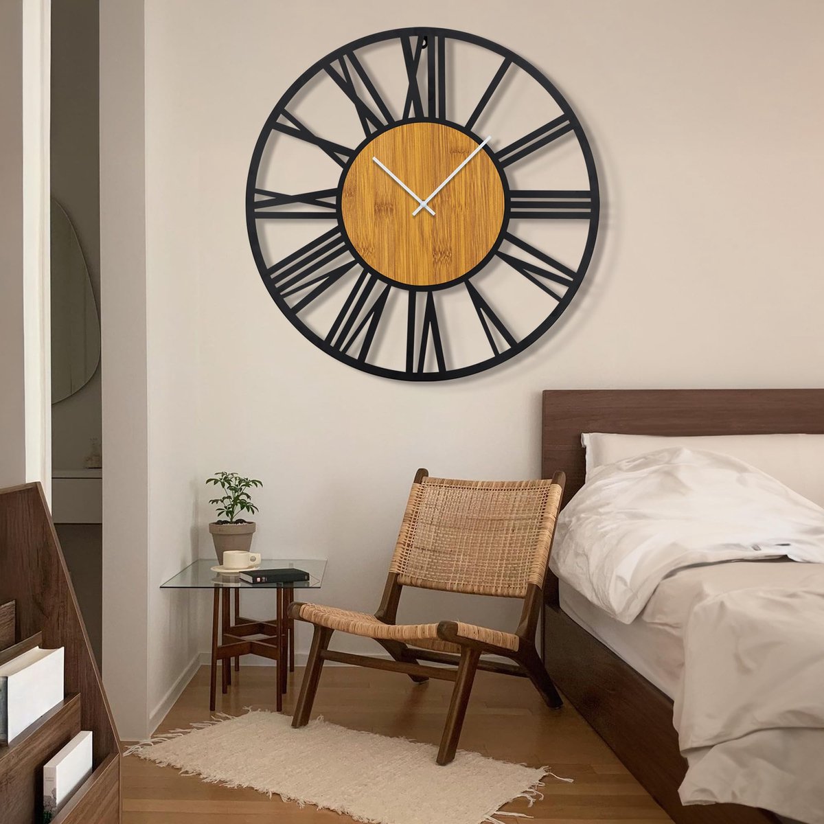 SnelShoppen - Ronde houten wandklok 80 cm zwart, vintage stijl met Romeinse cijfers, geruisloos, niet tikkend, ideaal voor woonkamer, kantoor, café, t