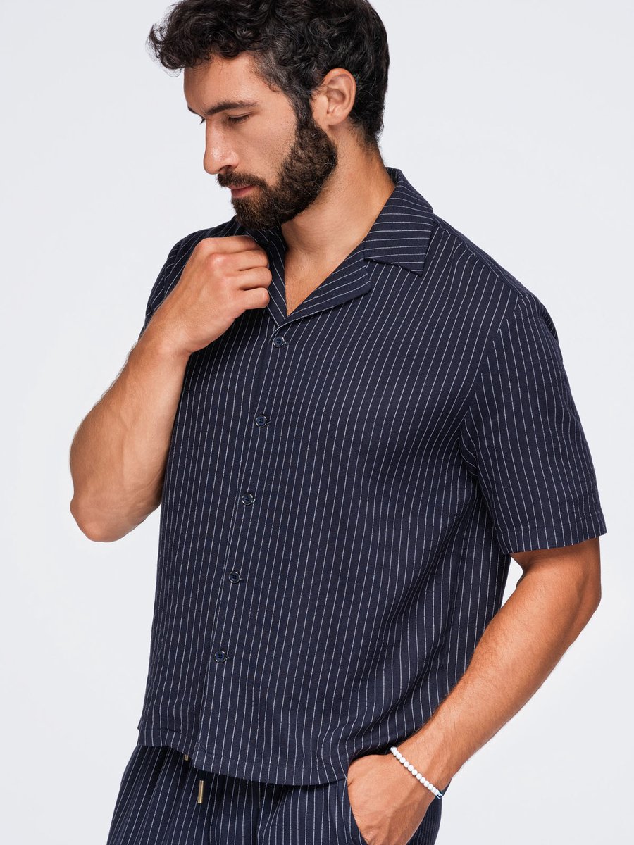 OMBRE Overhemd - Loose Fit - Viscose - Lange Mouw Marine L