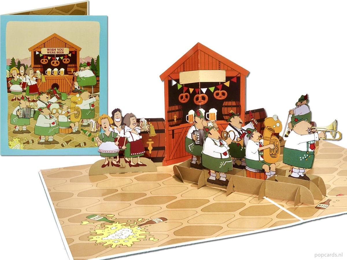 Popcards pop-up kaart - Oktoberfest met pullen bier, lederhosen en fanfare muziek (vaderdag, verjaardag, bierfestival, bier)