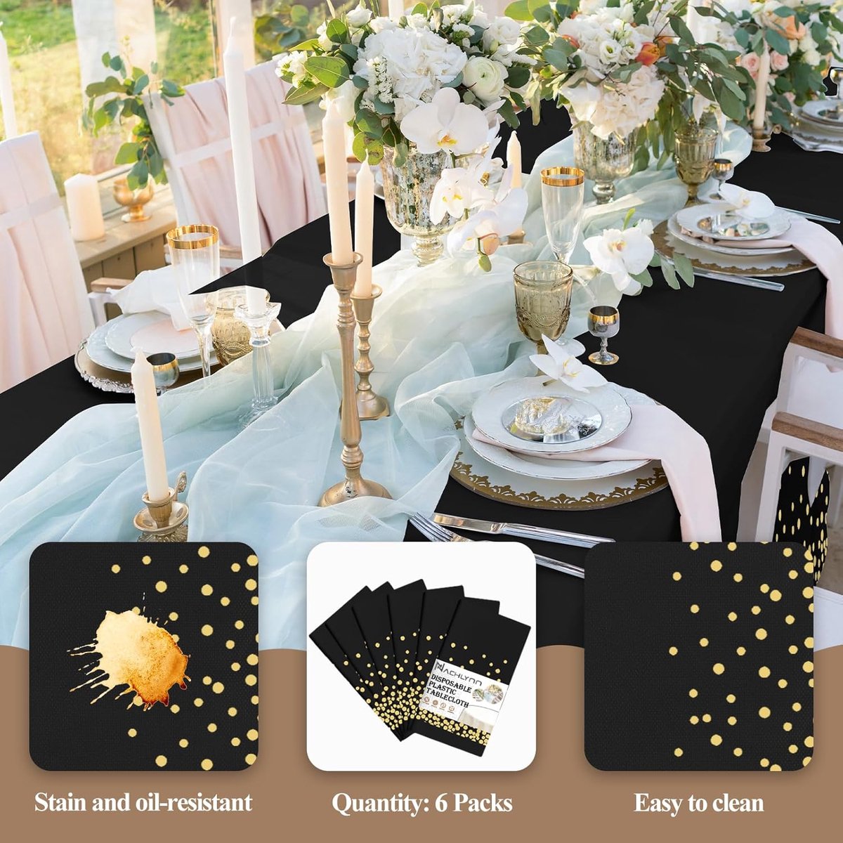 SnelShoppen - 6 Stuks Wegwerp Plastic Tafelkleed 137 x 274cm Goud en Zwart Rechthoekig Tafelkleed voor Feest, Bruiloft, Verjaardag, Kerstmis Decoratie