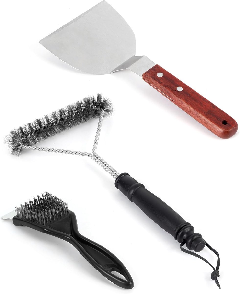 SnelShoppen - 3-delige BBQ Grill Borstel Set RVS Barbecue Schoonmaakborstels, Puntstaart Draad BBQ Ovenreiniger Schraper Kit en Zware BBQ Schoonmaak S