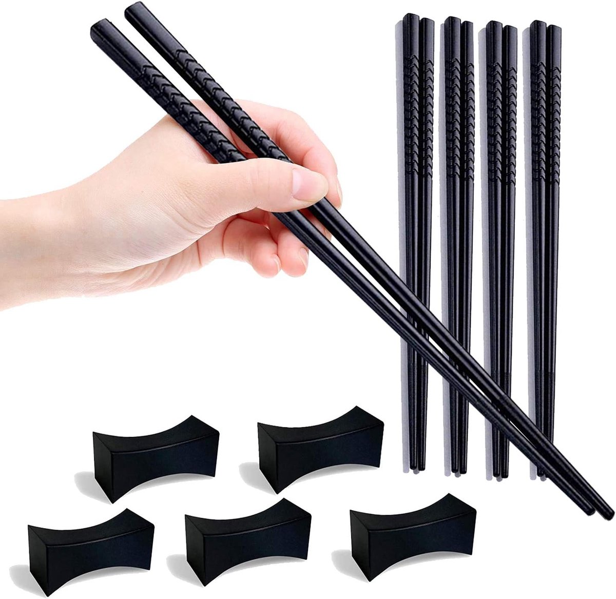 SnelShoppen - Herbruikbare Japanse Chopsticks Set - 5 Paar + 5 Houder - Lichtgewicht, Niet-Slip, Vaatwasserbestendig - Ideaal voor Thuis, Feestjes, Ki