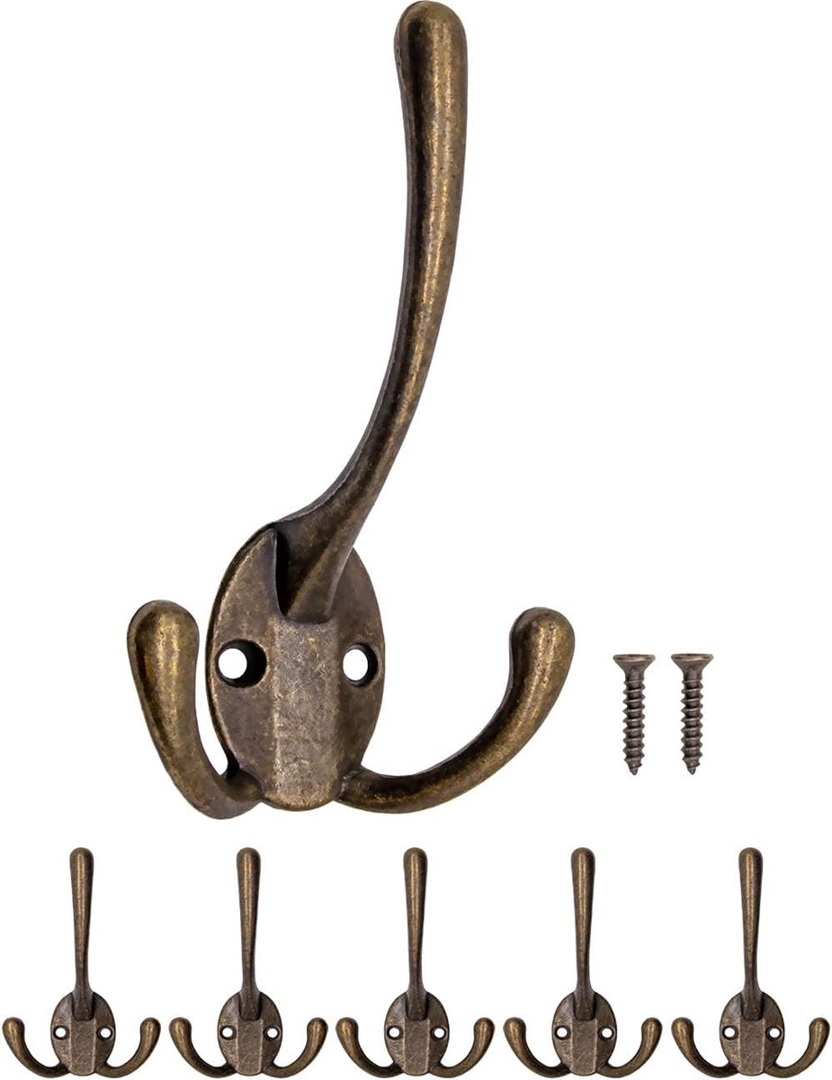 SnelShoppen - Set van 5 Antique Wardrobe Hooks - Gietijzeren Wandhaken voor Kleding, Tassen, Handdoeken - Vintage Look in Antiek Brons - Ideaal voor H