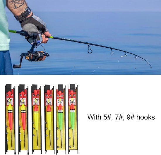 SnelShoppen - 6pcs Vissen Dobbers met Vlieg en Lood, Koord en Haak (5#, 7#, 9#) voor Wild Vissen in Zee, Compleet Set, Hoogzichtbaar Geel en Rood van Snelshoppen — afbeelding 4