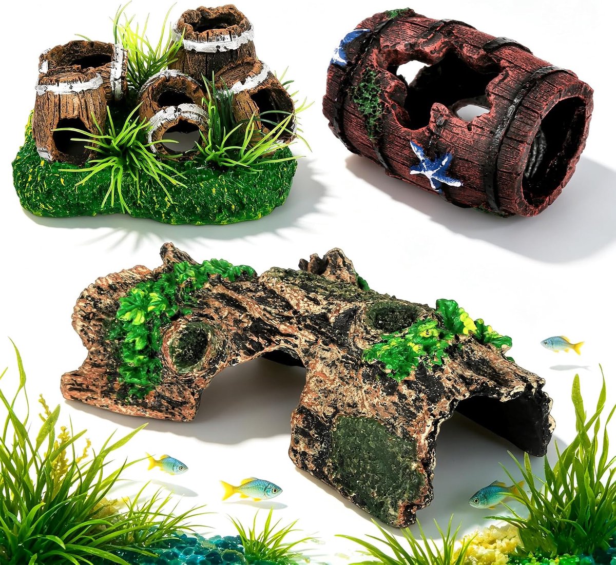 SnelShoppen - Aquarium Decoratie Set van 3 Boomstam Grotten, Hars Schuilplaatsen voor Garnalen en Kleine Vissen, Natuurlijke Wateromgeving