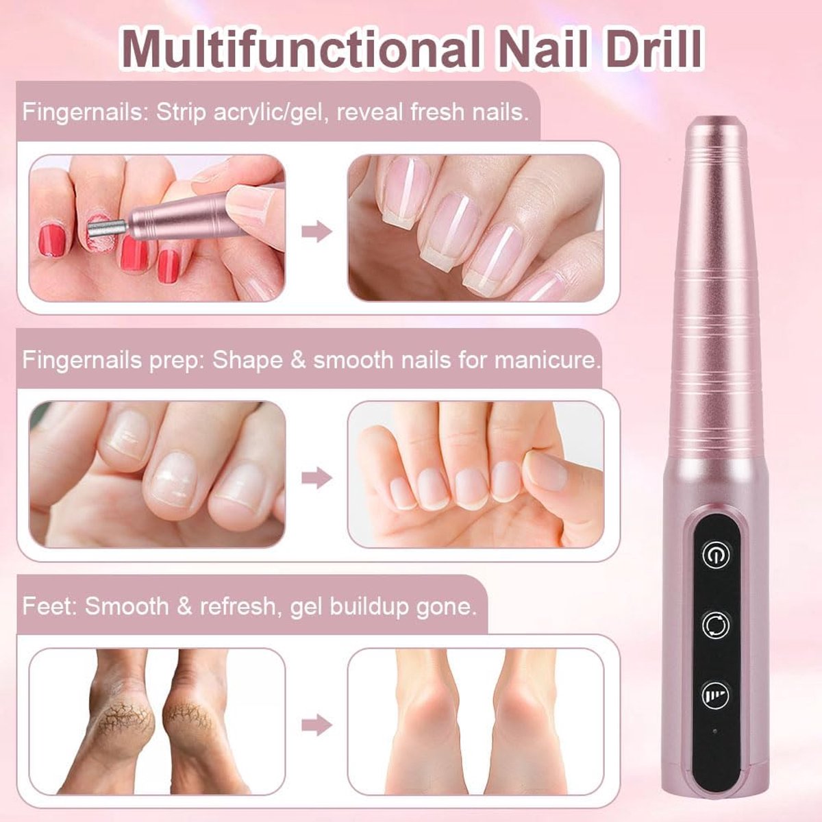 SnelShoppen - Draadloze Elektrische Vijl voor Nagels, 12-in-1 Oplaadbare Nagelset met 3 Instelbare Snelheden tot 20000rpm, Professionele Nagelverzorgi thumbnail 4