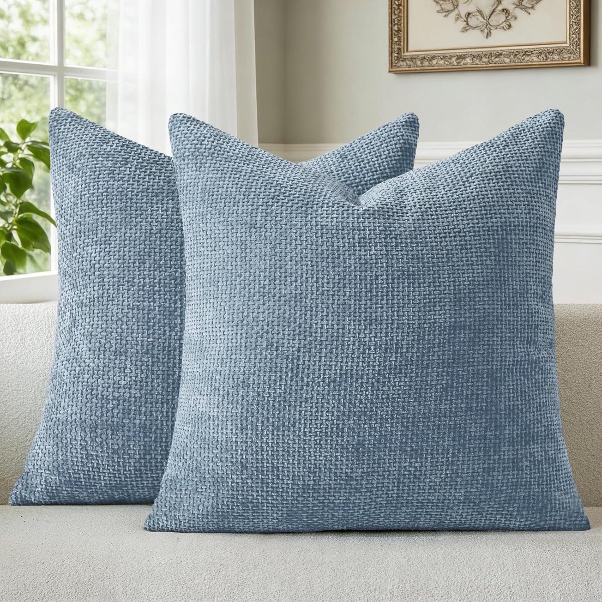 SnelShoppen - Set van 2 Chenille Kussenhoezen Blauw 50x50 cm Zacht Fluffy Decoratieve Kussenhoezen met Verborgen Rits Wasbaar voor Bank Woonkamer Slaa