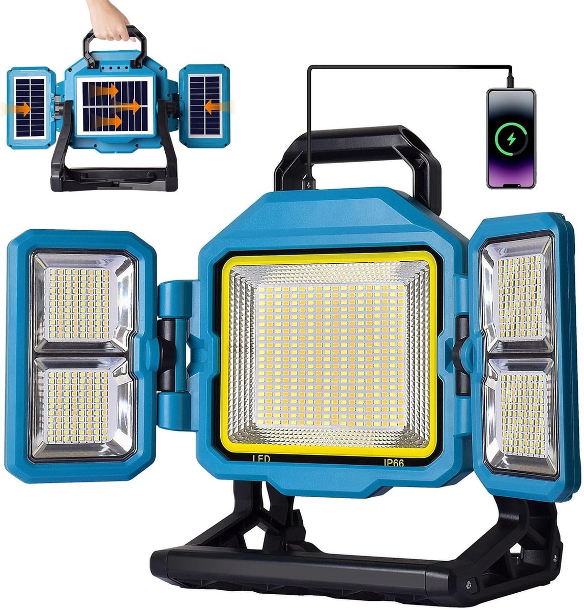 SnelShoppen - 300 W LED Bouwlamp met Accu, 25000 mAh, 30000 Lumen, 3 Zonnepanelen, IP54 Oplaadbare Werklamp met 4 Modi, Draagbare Bouwsite Spotlight v