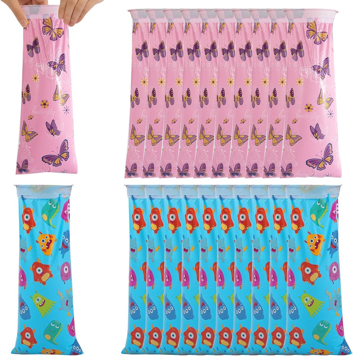 SnelShoppen - 20 Stuks Spuugzakken Voor Kinderen, Cartoonmotief Spuugzakken, Reisziekte Zakjes Voor Auto, Poepzakken, Vlinder & Klein Monster Motief,